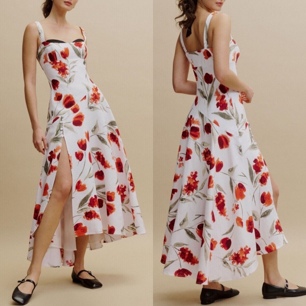 Reformation Bekki Floral White and Red Women's Dress NWT